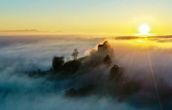 Waldburg im Nebel bei Sonnenaufgang
