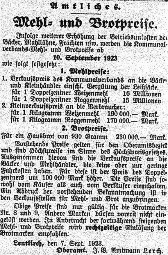 Allgäuer Volksfreund 1923 09 10 Mehl und Br otpreise